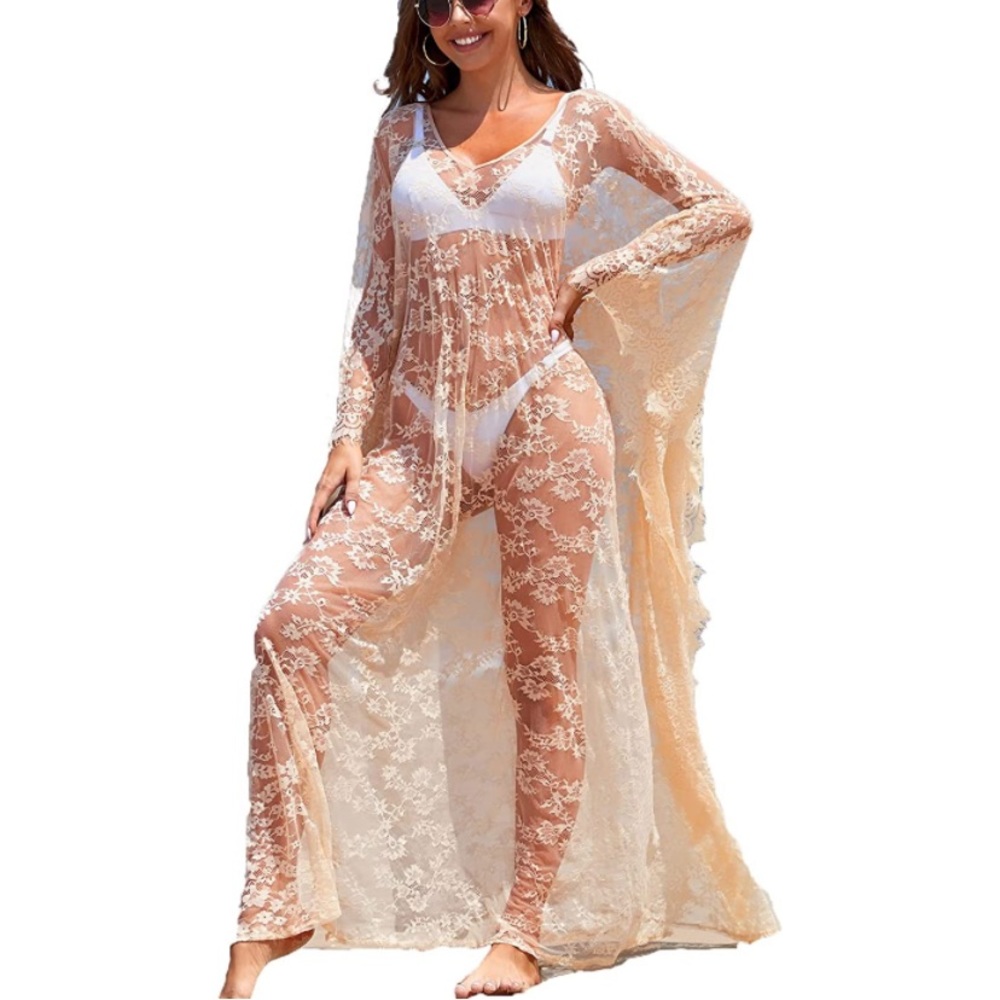 Cover up Robe Women Boho Beach Eyelash Lace Soft Thin Oversized Apricot